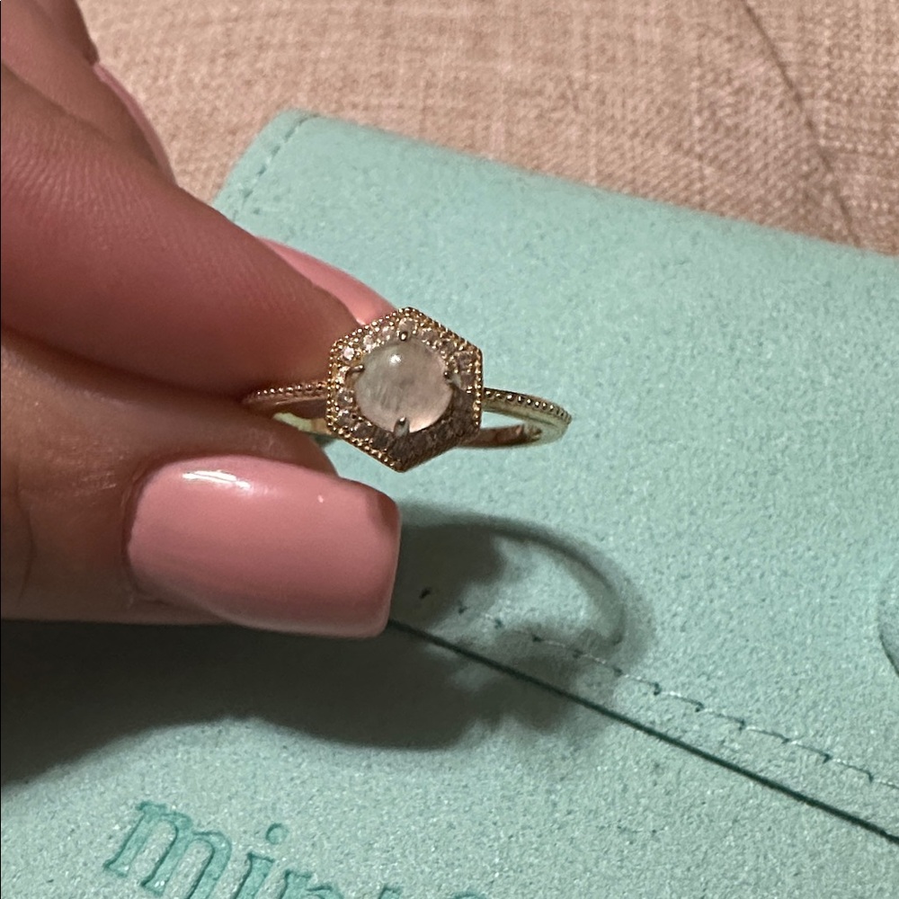 Gold Hexagon Moonstone Ring with Halo